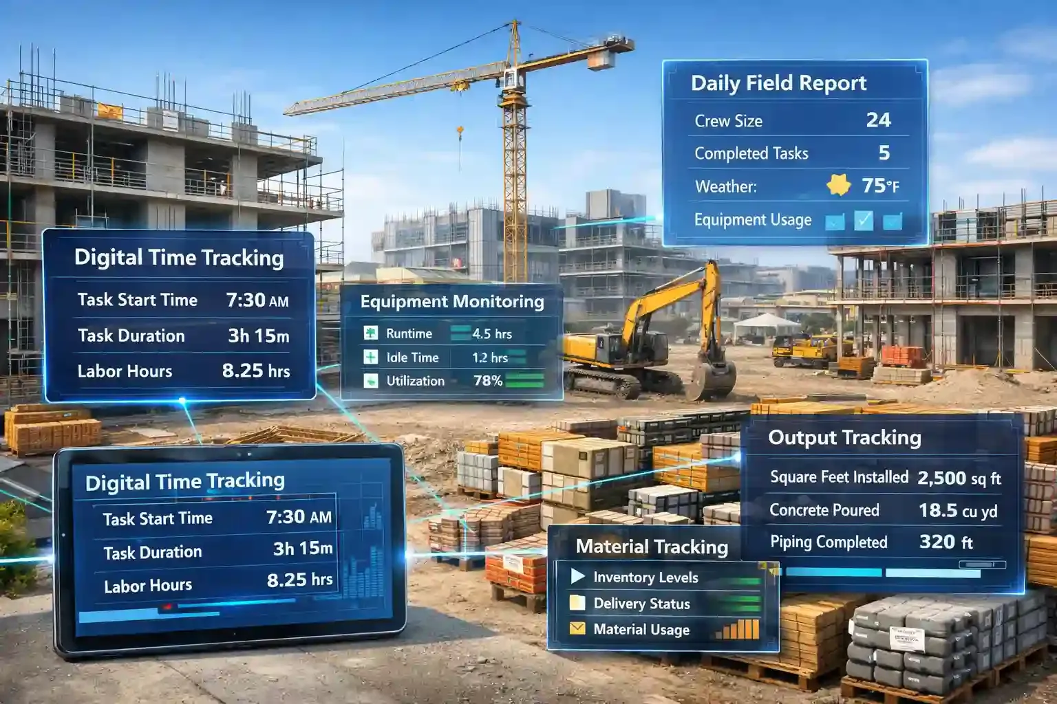 Construction site with digital dashboards showing productivity tracking systems